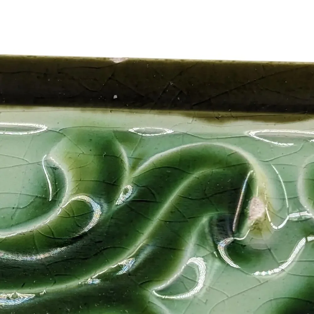 Pair Lot 2 Antique 1900's Belgium HELMAN MAJOLICA TILES Leaves Scroll Border 3x6